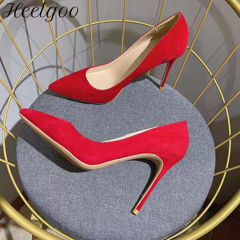 

Heelgoo Solid Red Flock Women Pointy Toe High Heel Wedding Bridal Shoes Faux Suede Elegant Stiletto Pumps Customize Size 33-45