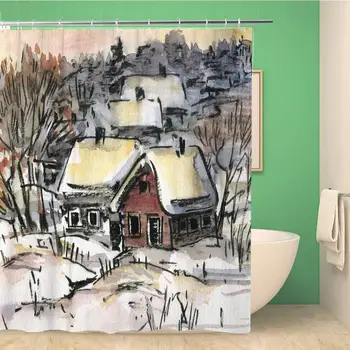 

66x72 Inches Shower Curtain Winter Landscape with a Small Village at Sunset Drawing Ink and Watercolor Architecture Waterproof