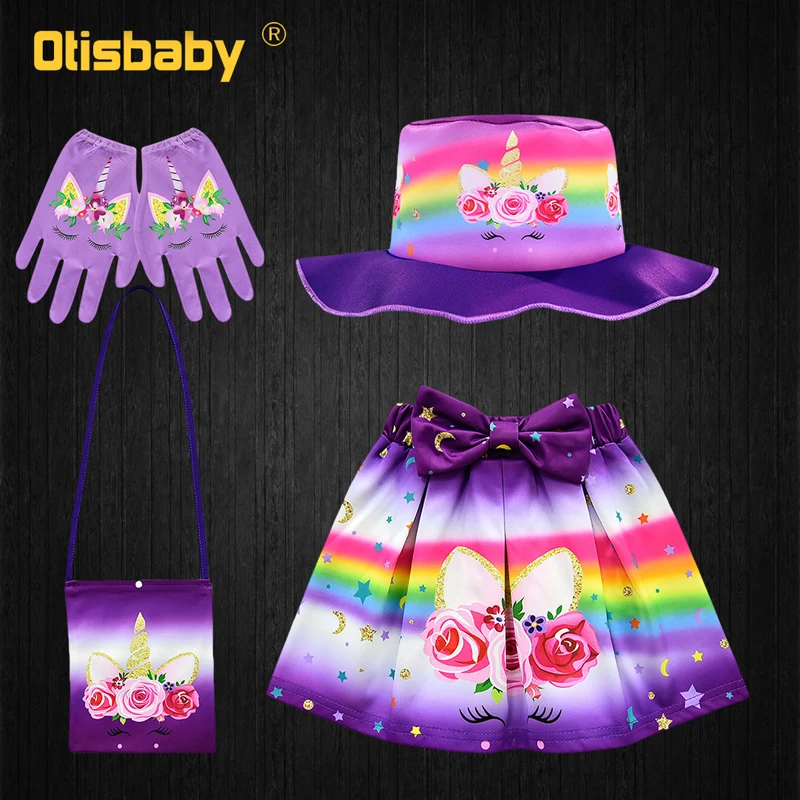 Purple 4pcs Set Комплект одежды для девочек с единорогом, радужные юбки-пачки, юбка-пачка, толстовка, рубашки, одежда с лошадями, детский спортивный костюм, футболка с блестками - Цвет: Purple 4pcs Set