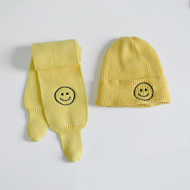 Baby Girls Boy Hat Scarf Set Winter Warm Children Beanie Hat Cute Smile Face Woolen Knitted Hats Scarf Kids Two Piece Set - Цвет: Цвет: желтый