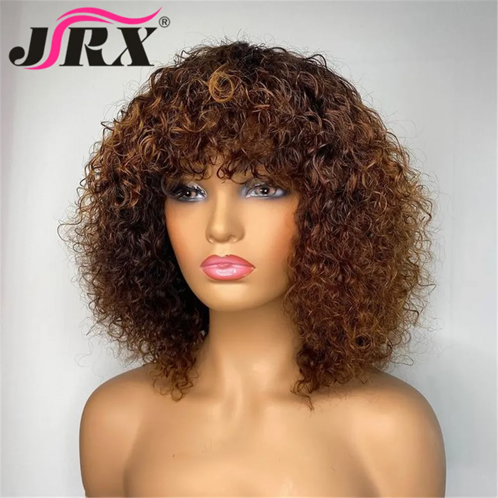 Human Hair Wigs Jerry Curly Human Hair Wigs with Bangs Full Machine Made Wigs Highlight Honey Blonde Colored For Women Peruvian Remy Hair