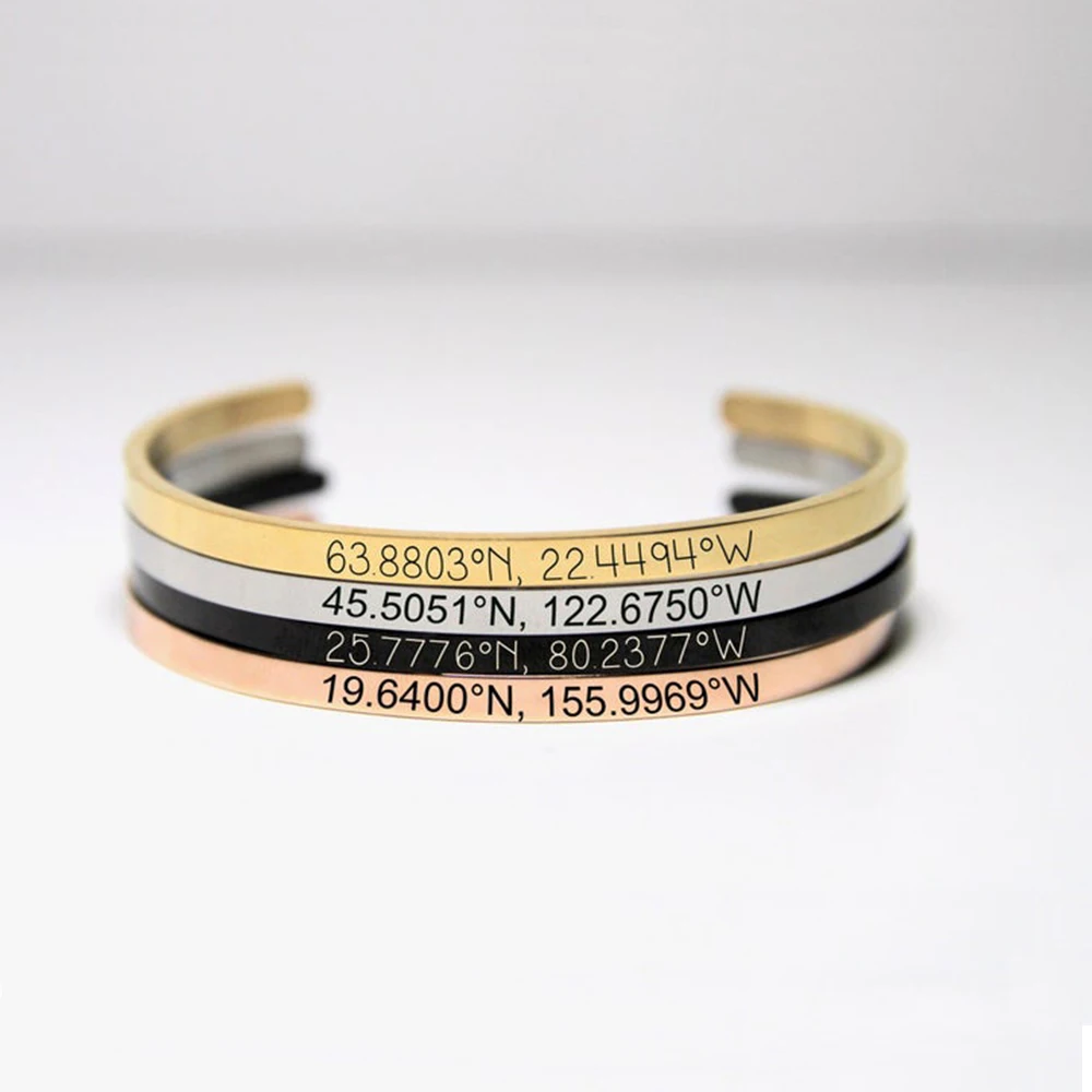 Customized Personalized 4mm Width Laser Engrave Coordinates Bracelet Stainless Steel Cuff Bangles Bar Necklace Gift for Lovers