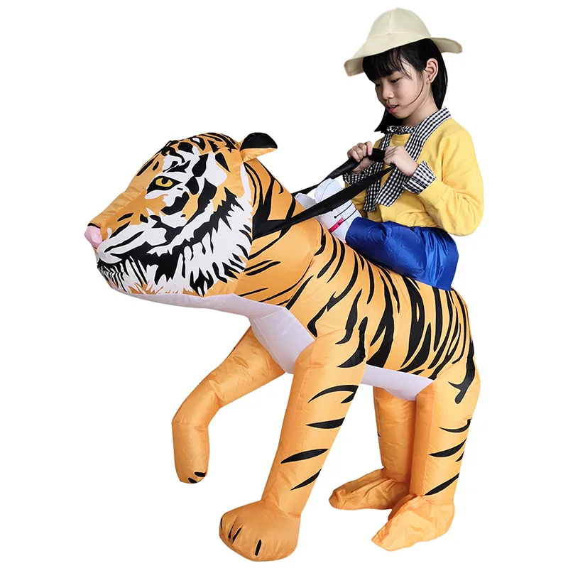 Kid Ride on Tiger Пурим Единорог динозавр надувной костюм Фламинго ковбой Тигр талисман Косплей Костюм призрак Хэллоуин платье для взрослых детей - Цвет: Kid Ride on Tiger