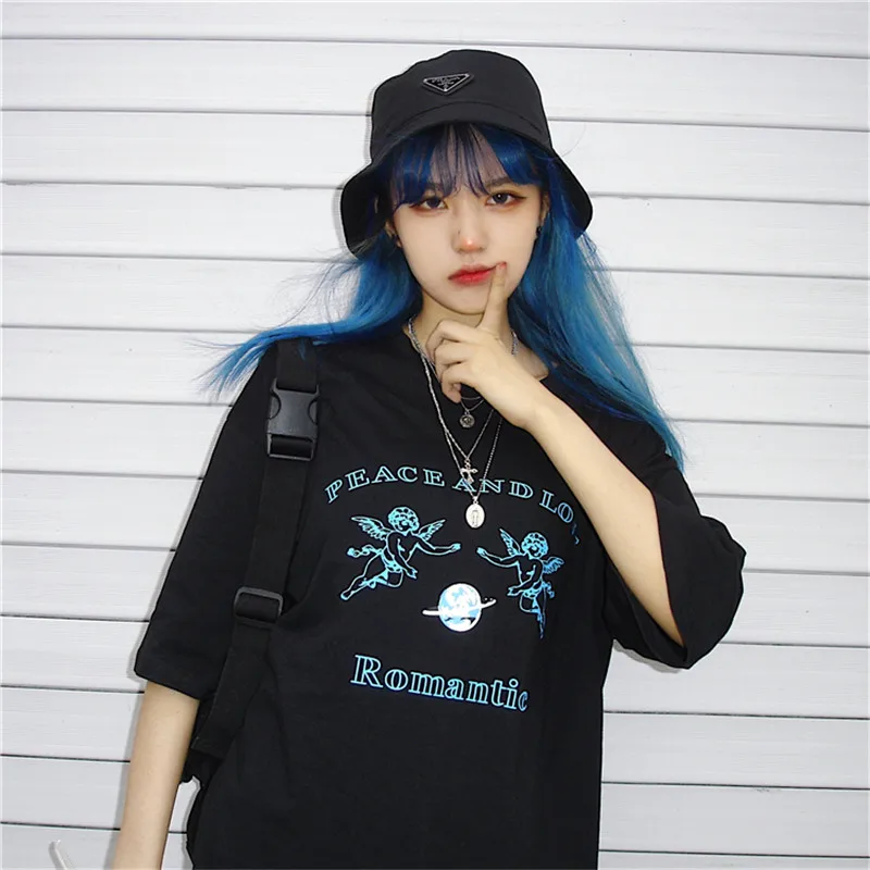 

Qlychee Streetwear Black Crew Neck Women T-shirts Short Sleeve Loose Summer Lady T-shirt Angel Letter Print Women T Shirt