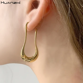 

HUANZHI 2020 New Trendy Minimalist Water Drop Curve Geometric Irregular u type Smooth Earring for Women Girls Party Jewelry Gift