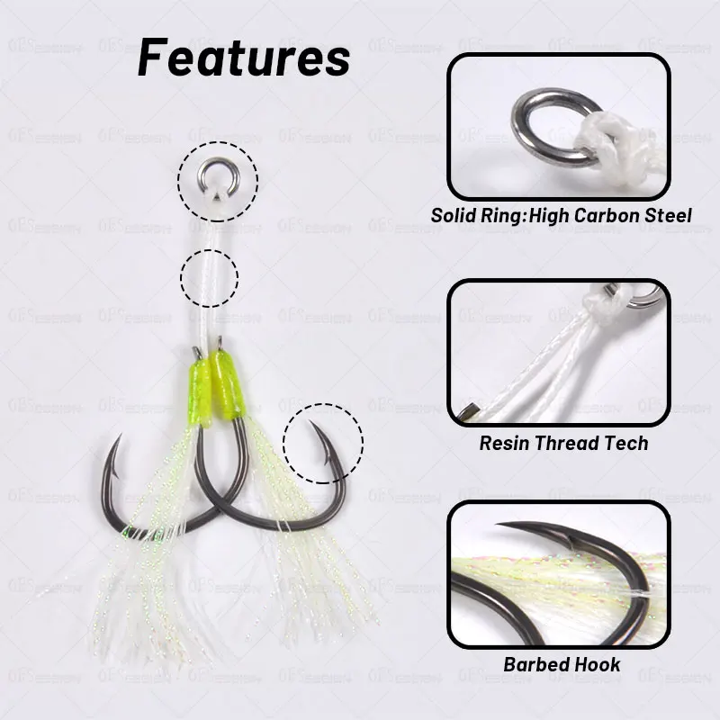 OBSESSION 6pcs Super Smooth Coating High Carbon Steel Twin Assist Double  Fishing Jigging Hooks Glow Feather Fish Tackle Pesca