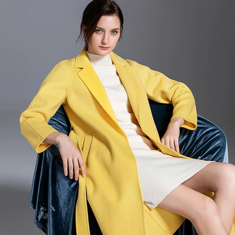 Autumn Winter Fashion New Plus size Yellow Double-sided cashmere Coat Women Office Long Overcoat High quality slim Woolen Coat