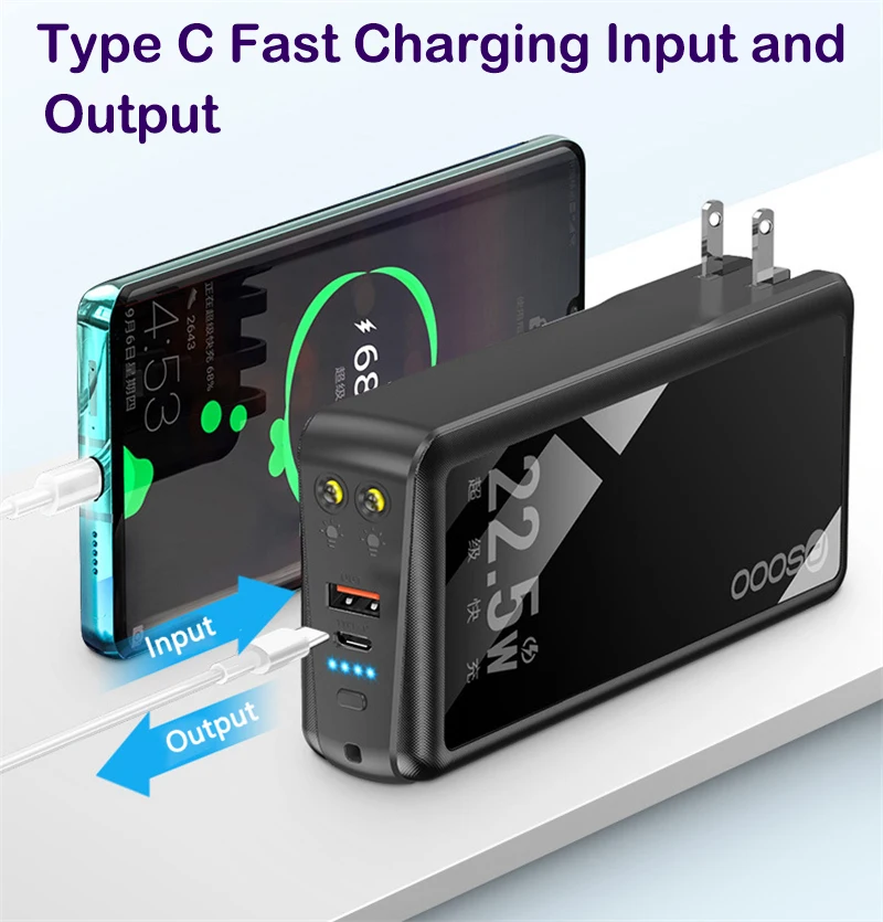 power bank battery 30000mAh Power Bank Built in Cable AC Plug 22.5W Fast Charging Powerbank for iPhone 13 12 11 Samsung Xiaomi Poverbank with Light power bank 10000mah