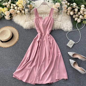 

Women Casual Dress Hollow Drawstring Waist Hugging Slimming Sexy Middle Dress Ladies Spaghetti Strap Solid Swing Dress