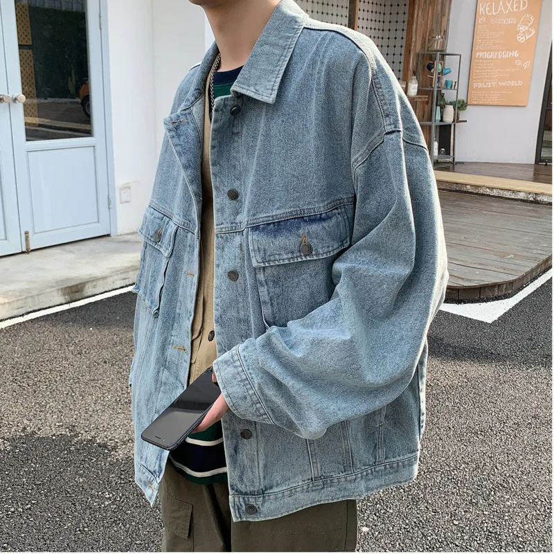 

Autumn New Denim Jacket Men Fashion Washed Solid Color Large Pocket Denim Jacket Man Streetwear Wild Hip Hop Loose Bomber Jacket