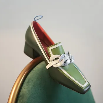 

2020 Spring New Women Buckle Chain Single Shoes Pumps Female Mixed Colors Square Toe Pumps Ladies Genuine Leather OL Dress Pumps