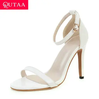 

QUTAA 2020 Wedding Women Shoes Open-toed Sexy Thin High Heel Sandals Concise PU Leather Buckle Fashion Women Pumps Big Size34-43