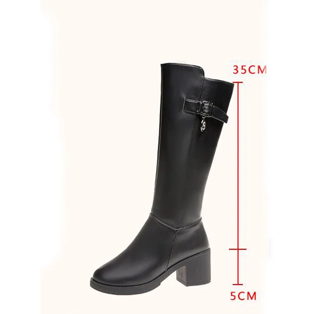 Leather Boots Women Botas Largas Mujer Ladies Boots High Boots Black Knee-High Shoes Med Heel Female Shoes Chaussures Femme
