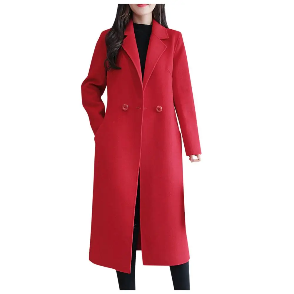 Зимнее модное женское Шерстяное Пальто, повседневное пальто на пуговицах, элегантное офисное длинное пальто с длинными рукавами, женский пиджак, куртка manteau femme - Цвет: Красный