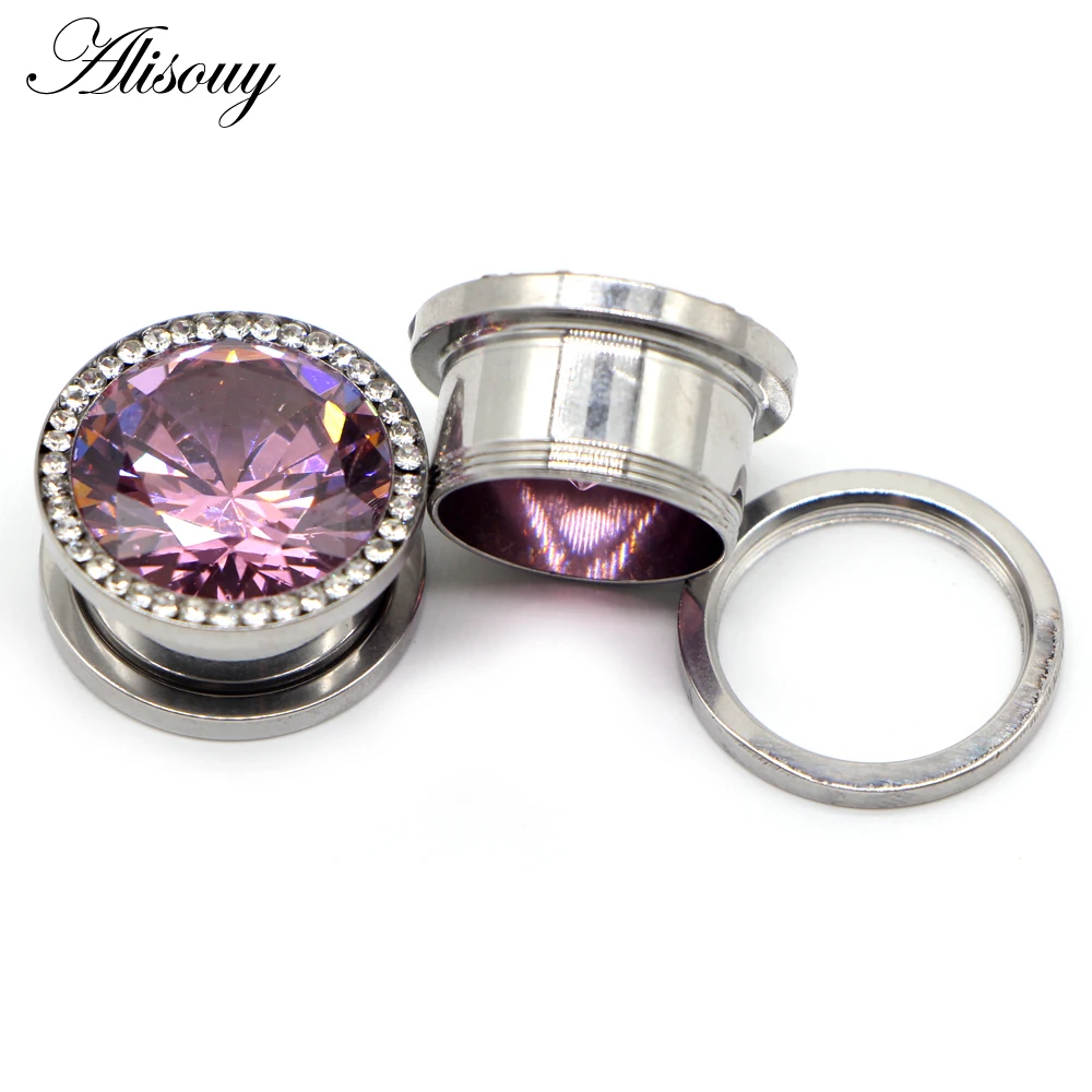 Alisouy 2pc Stainless Steel Top Quality Crystal Zircon Ear Tunnels Plug Screw Fit Colorful Ear Flesh Gauge Ear Expanders Jewelry