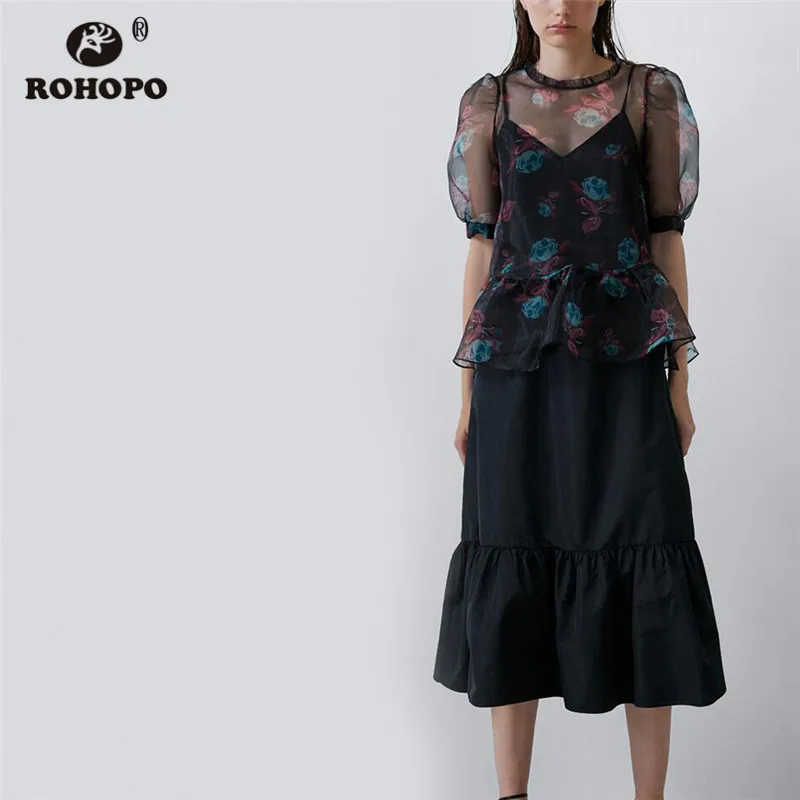 

ROHOPO 2 Pieces Red Floral Puff Sleeve Overlocked Necklind Tulle Black Blouse Round Collar Ruffled Transparent Shirt #9341