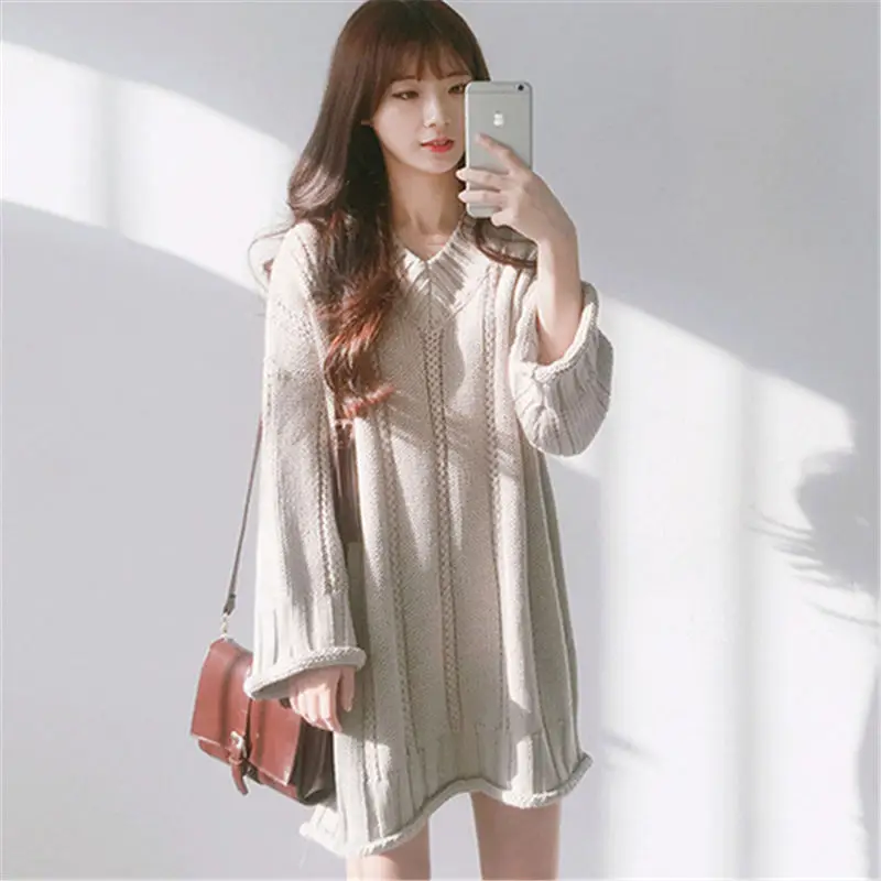 

Loose Sweater Women Retro Acrylic Solid V-Neck Knitting Clothes Keep Warm Pullover Lazy Style Female Sweater Casual