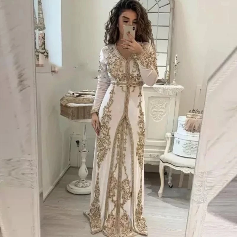 windsor prom dresses Moroccan Kaftan Long Sleeve Evening Formal Dresses Gold Champagne Lace Embroidery Islamic Saudi Arabia Middle East Prom Dress lavender prom dresses