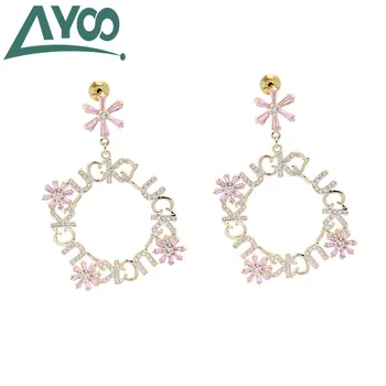 

AYOO New 925 Silver Needle Colored Flower Ear Studs Cute Sweet Snowflake Large Circle Letter Earrings Lady