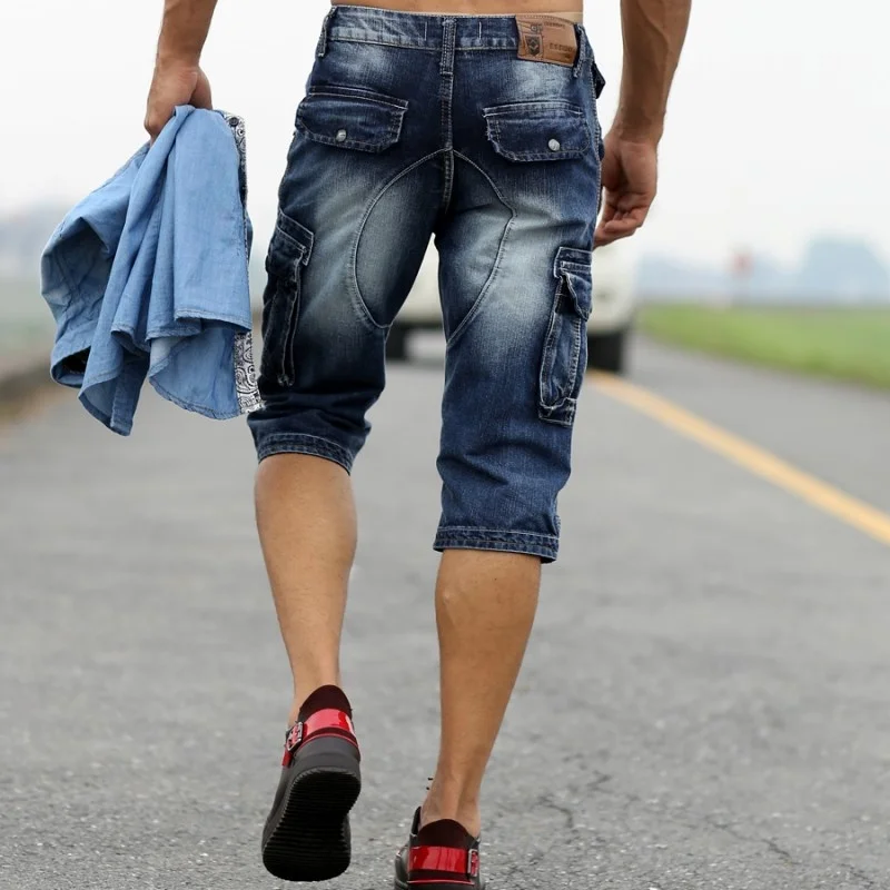 

Vintage Summer Mens Straight Jeans Multiple Pockets Cargo Shorts Fashion Calf-Length Denim Shorts Plus Size Casual Jean Trousers