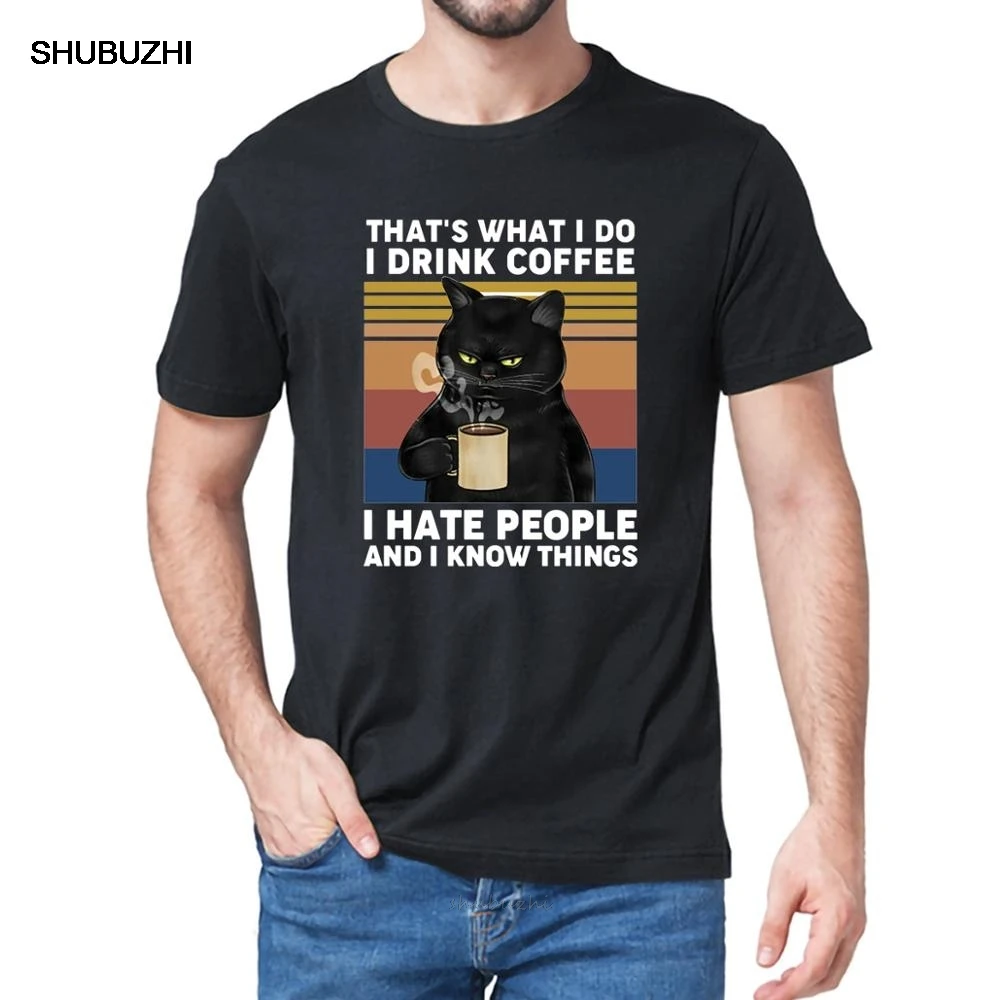 Engraçado gato preto que é o que eu faço eu bebo café eu odeio pessoas vintage verão camiseta de algodão masculino presente humor camiseta feminina topos|Camisetas| -