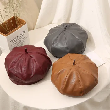 

Fashion Felt Pu Leather Beret Hat Women Cap Female Ladies Beanie Beret Girls For Spring Autumn Winter