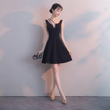 

2020 New Black Women Evening Party Dress Elegant Short Cheongsam Sexy Sleeveless Qipao Spaghetti Collar Vestidos De Festa