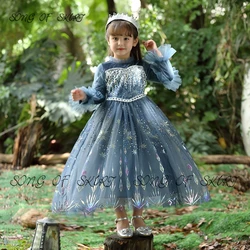 Sequined Flannel Wedding Flower Girl Dress Lace Tulle High Neck Girls First Communion Gowns Children's Party Tea Dresses