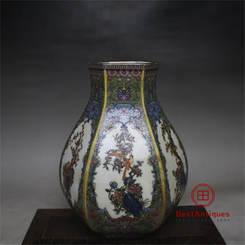 

Qing Yongzheng Enamel Flowers Birds Six Square Bottle Flower Vase Antique Vase Decoration Porcelain Collection Retro Home Decor