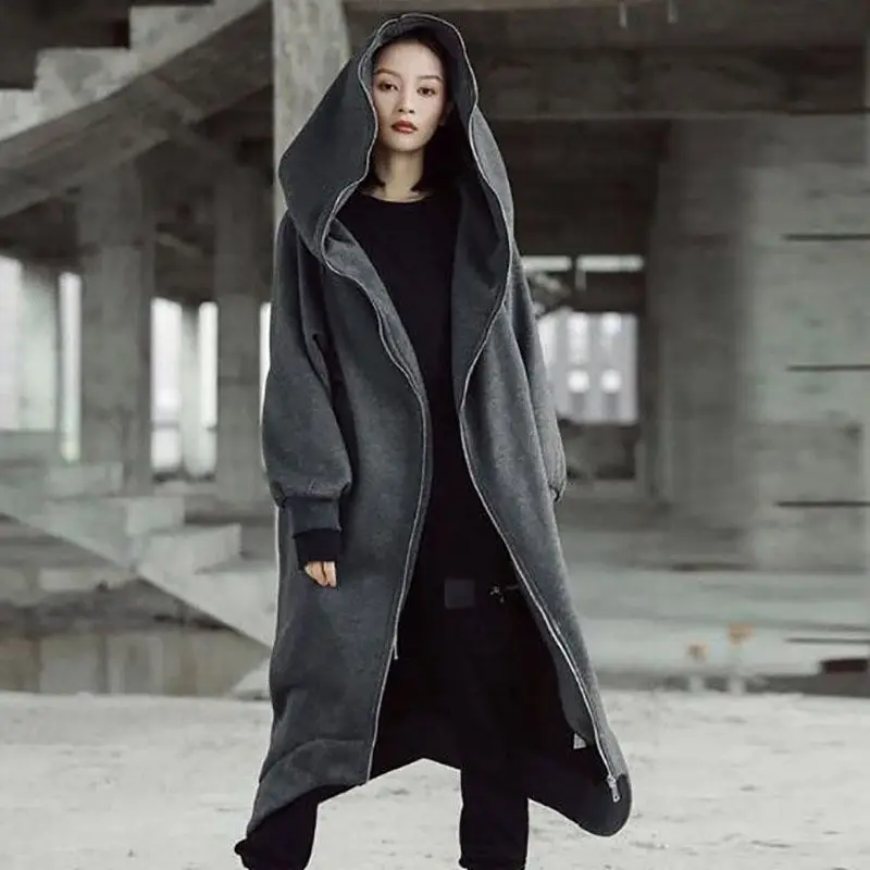 

Fashion Long Sleeve Hooded Trench Coat Autumn Winter Black /Gray Zipper Plus Size 5XL Long Coat Solid Color Women Overcoat