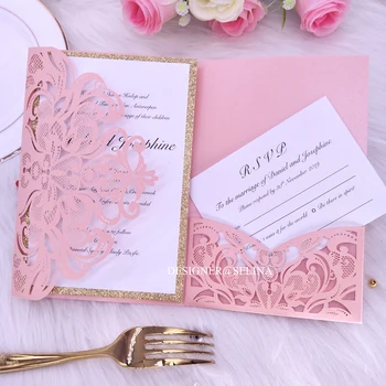 

Blush Pink Laser Cut Pocket Wedding Invitation with Glitter Bottom Inner Sheet DIY Floral Invitations for Quinceanera