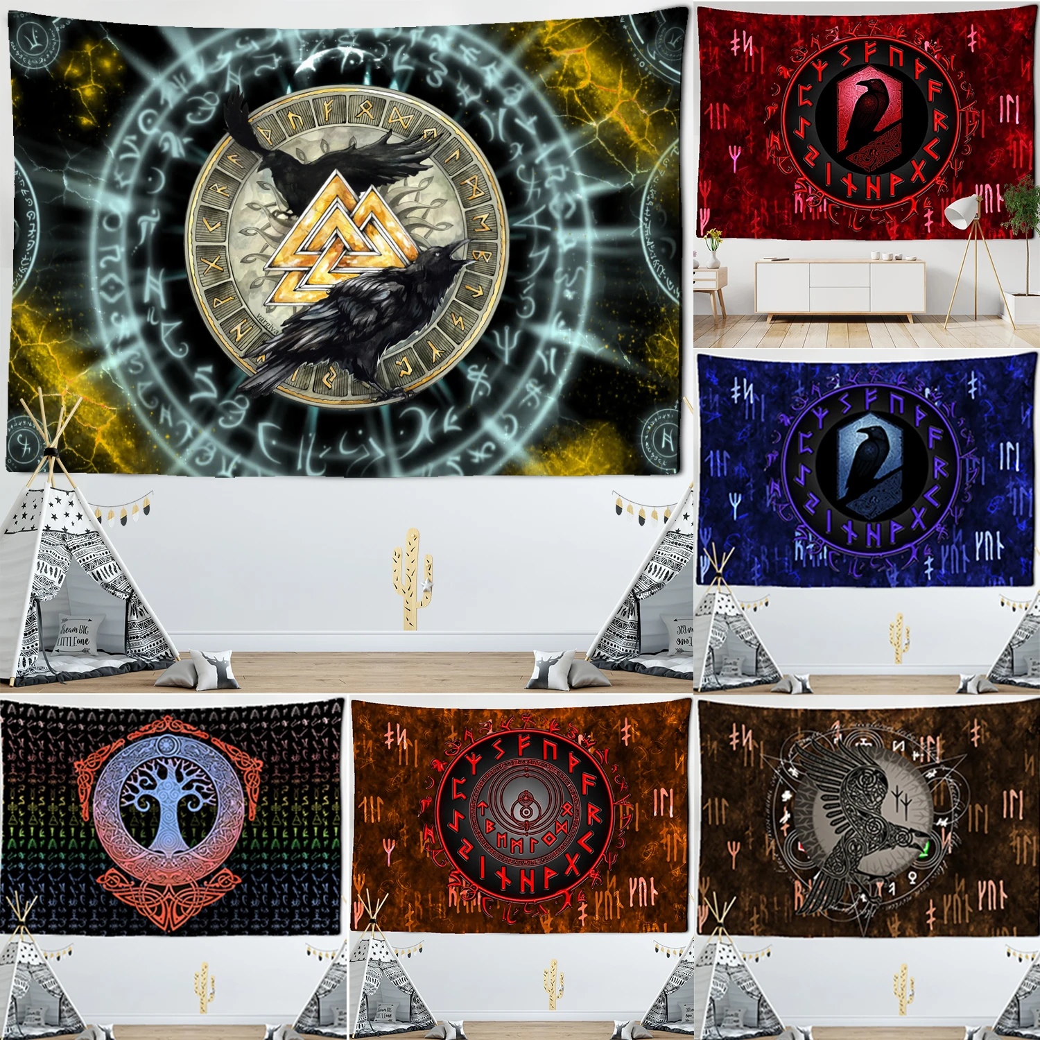 Los vikingos tapiz de pared Raven misterioso meditación psicodélico runas arte tapices para colgar en la pared para sala de Tarot sol luna