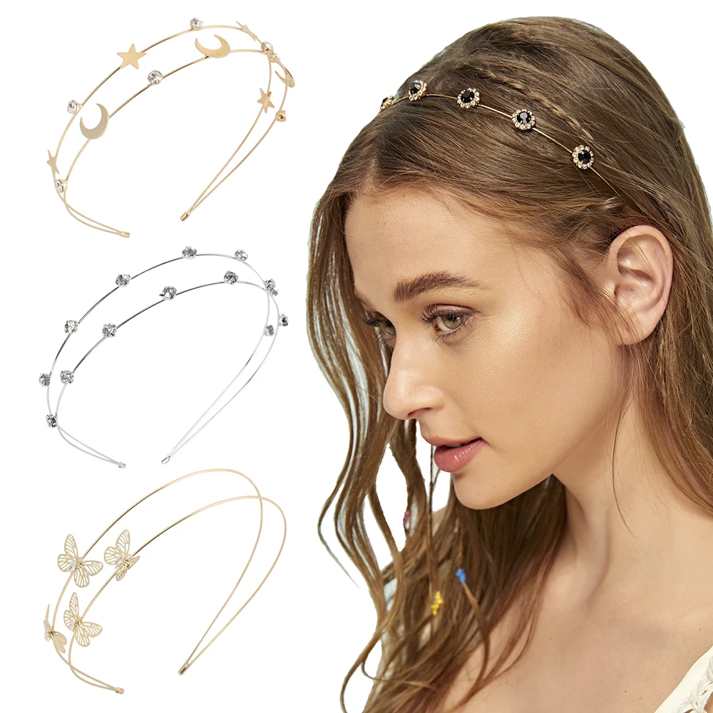 Bright Round Bold Double Chain Headband  Thin Headband with Pearl and Crystal  Hair Accessories for Woman