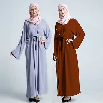 

Dubai Arab Muslim Women Elegant Big Swing Bat Sleeve Maxi Hijab Dress Pearl Middle East Turkey Islamic Clothing 2020 Spring New