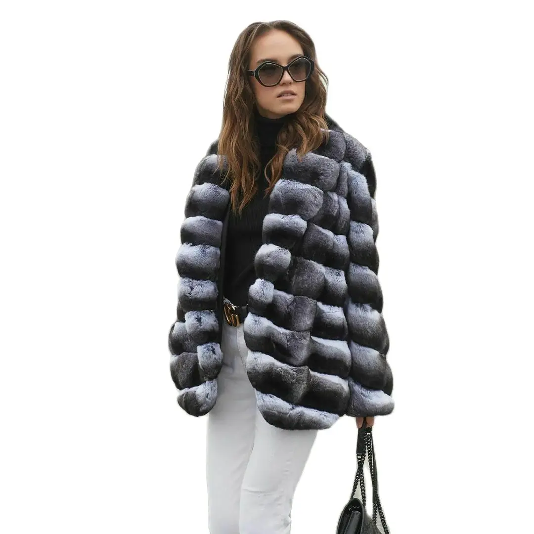 Medium Length Natural Rex Rabbit Fur Jacket for Women Winter Outwear Fashion Whole Skin Genuine Rex Rabbit Fur Coat Lapel Collar