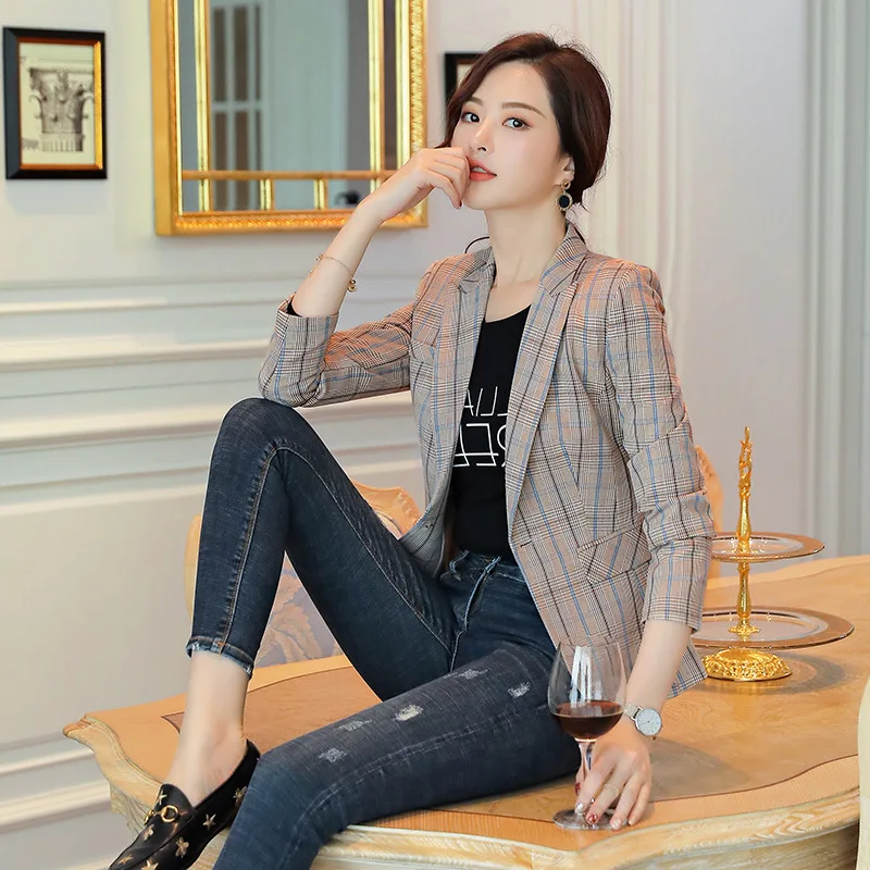 

Korean-style Fashion Spring And Autumn New Style Students CHIC-Style Retro Plaid Small Suit Coat Women's Short Leisure Suit