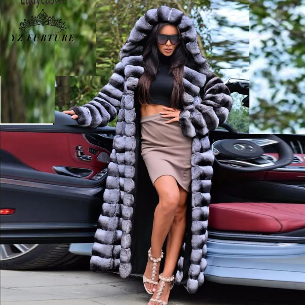 2020 New Real Chinchilla Rex Rabbit Fur Coat With Big Hood Xlong