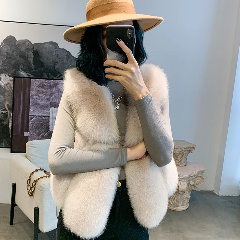 ZDFURS* Natural Real Fox Fur Vest 50 cm Winter Short Thick Women Fur Vest Sleeveles Jacket Pockets Real Fur Vest Coats Slim Park