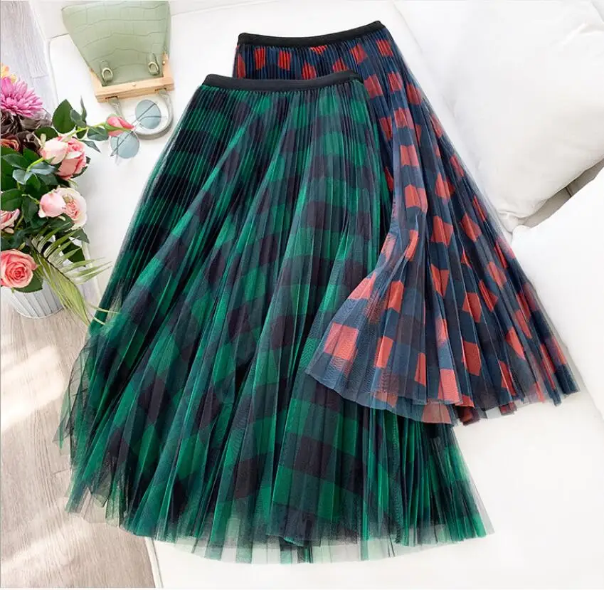 

plaid skirt Long Plaid Tutu Tulle Skirt Women Fashion Elegant A Line High Waist Pleated Maxi Skirt Female Ladies vintage lolita