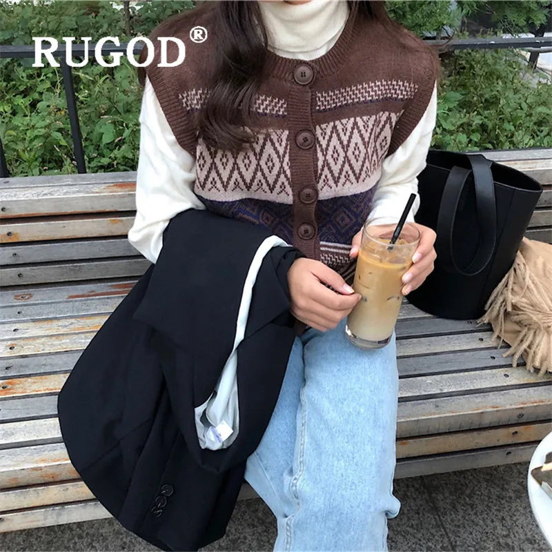 RUGOD, винтажный вязаный жилет, без рукавов, топ, женский, простой, корейский стиль, кашемировый свитер, мода, трикотаж, осень, Kpop одежда
