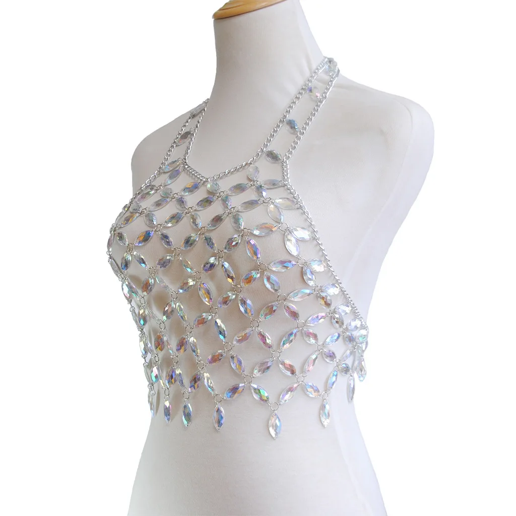 Multi-Layers Hollow Out Acrylic Statement Necklace Strap Bra Jewelry Bikini Crops Women Sexy Nigh Club Metal Body Chain Jewelry