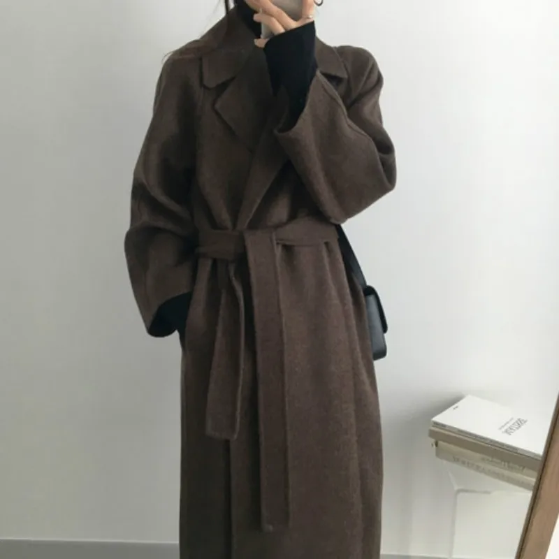 Женское осенне-зимнее длинное шерстяное пальто, элегантное Бандажное облегающее пальто-Кардиган с длинным рукавом, уютная шерстяная куртка с отложным воротником