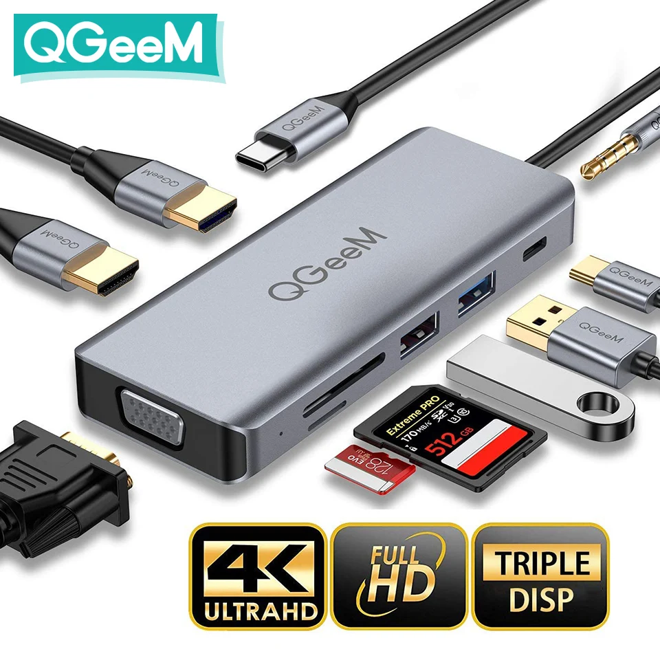 QGeeM USB C-концентратор для Macbook Pro Air Xiaomi Samsung Dual HDMI VGA SD Micro Card Readers Зарядное устройство