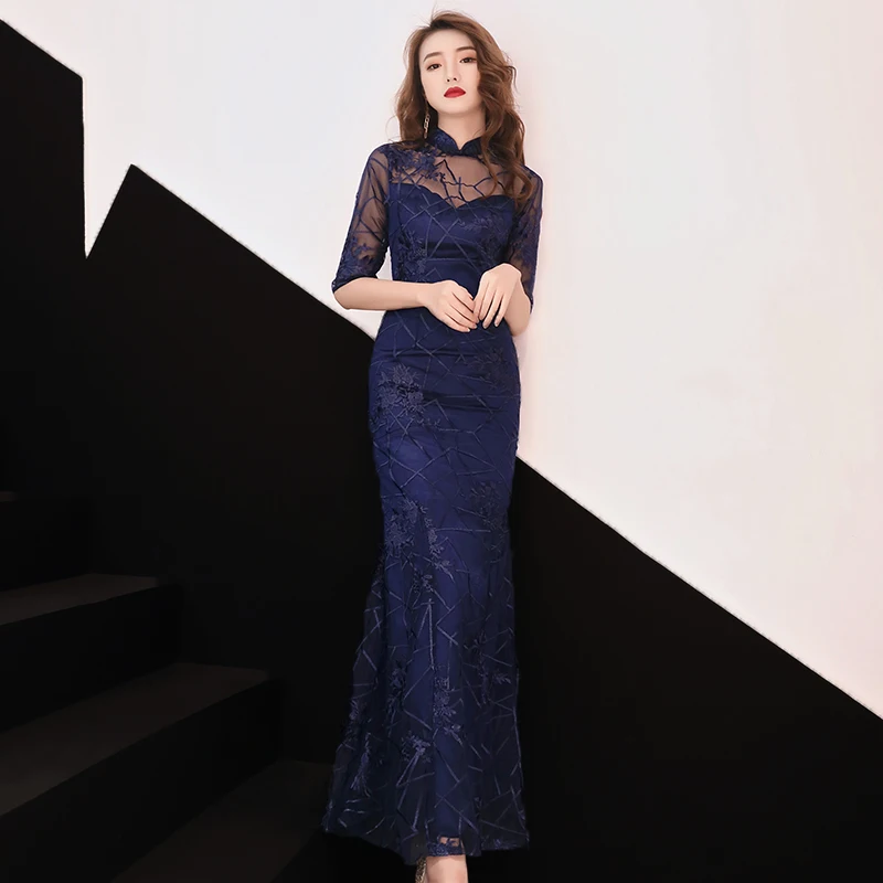 Элегантный сетки Cheongsam Русалка женский изысканный кружево лоскутное Формальное вечернее платье сексуальное Persepective длинное Qipao Robe De Soiree