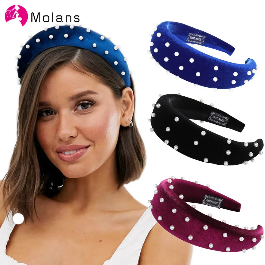 

MOLANS Pearls Padded Headband Women Winter Thick Velvet Sponge Headbands Girls Hair Ornaments Non-slip Wide Black Hair Hoops