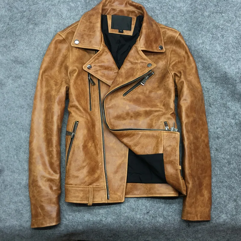 

2020 Genuine Cow Jacket Men Vintage Plus Size Coat Wax Cowhide Yellow Mens Leather Jackets chaqueta cuero hombre KJ2276