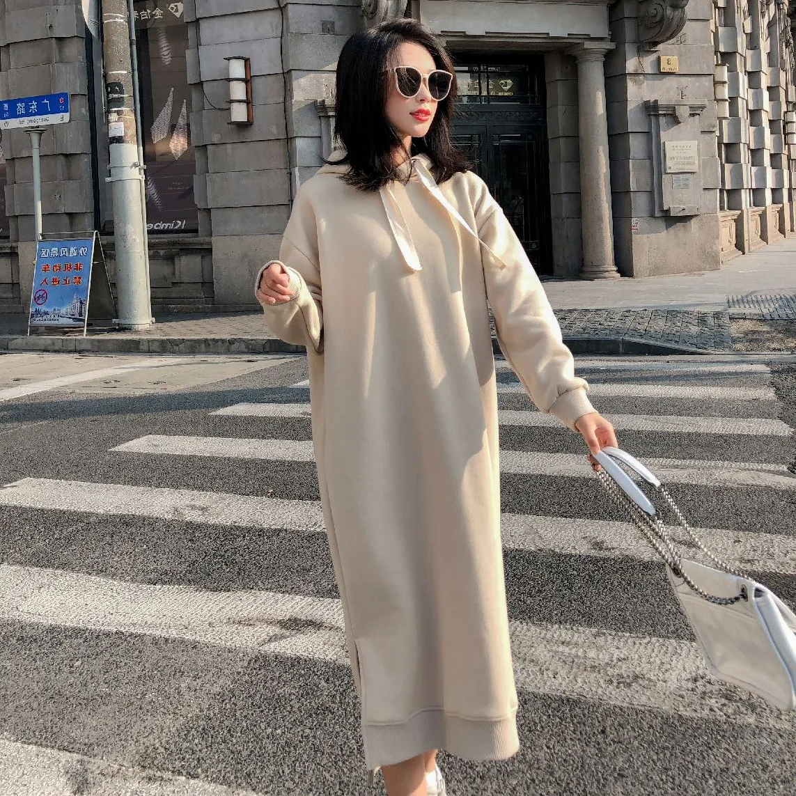 Fotoshoot Ins Lint Hoodie Rok Koreaanse Stijl Ulzzang Slit Over-De-Knie Lange Loose-Fit afslanken Jurk Fotoshoot Ins Lint Hoodie Rok Koreaanse Stijl Ulzzang Slit Over-De-Knie Lange Loose-Fit afslanken Jurk