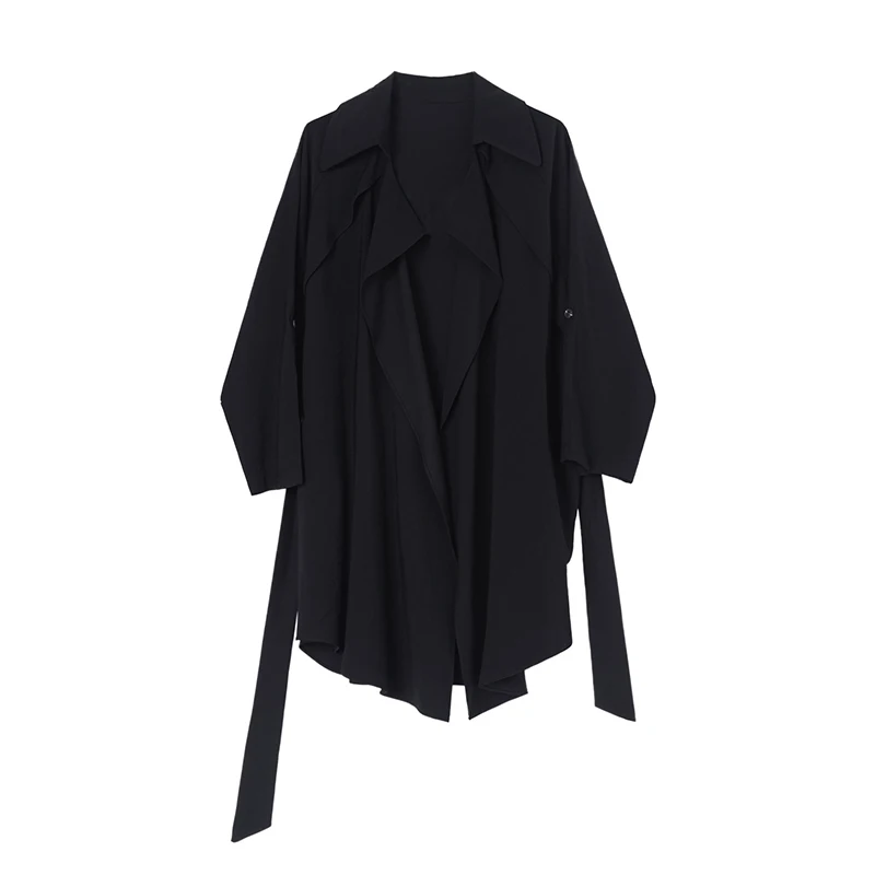 [EAM] Women Brief Bandage Big Size Trench New Lapel Long Sleeve Loose Fit Windbreaker Fashion Tide Spring Autumn 2020 1Z163