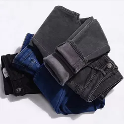 Streetwear preto espessamento de veludo cintura alta calças jeans quentes para as mulheres inverno quente calças jeans jean 2022 senhoras calças quentes