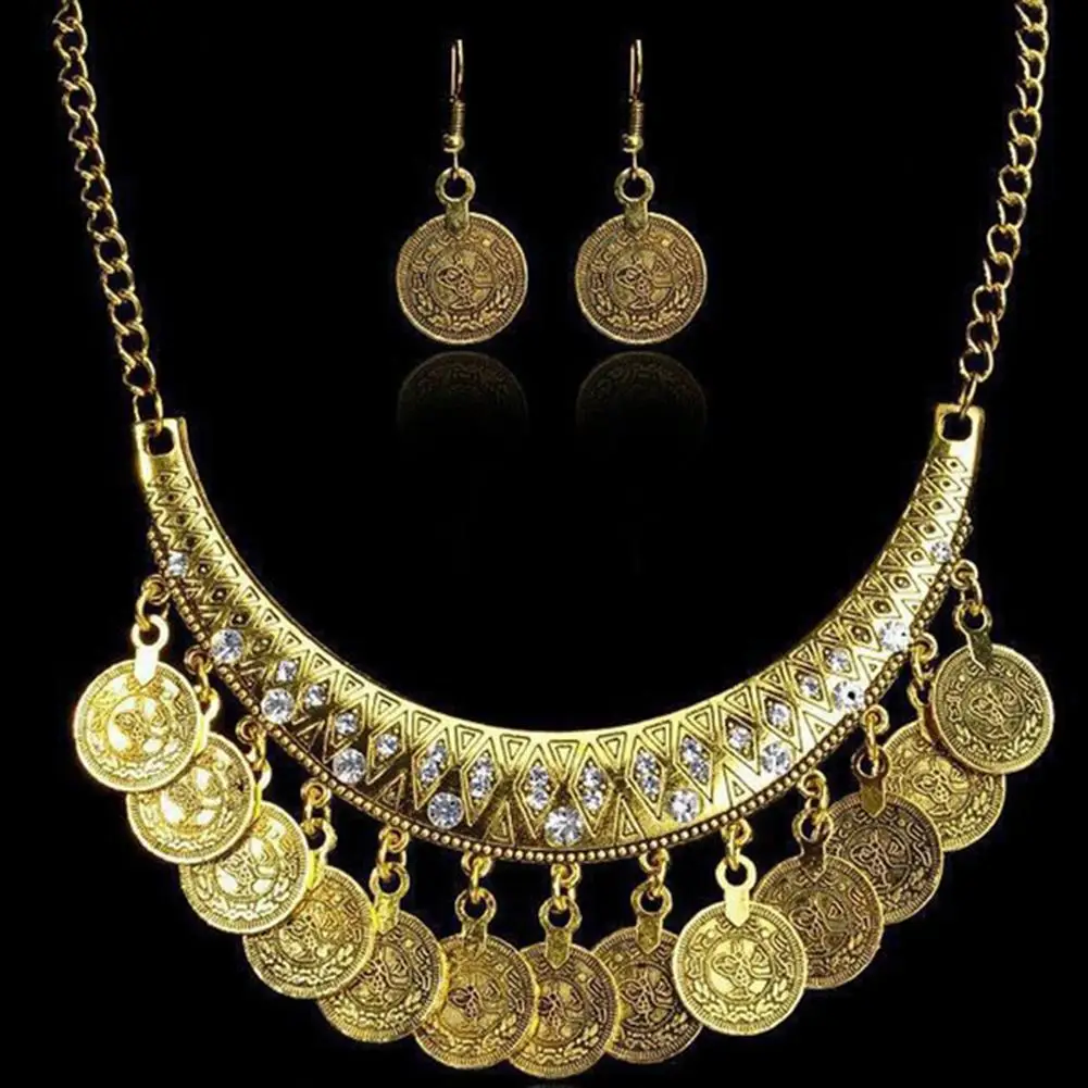 

Vintage Antique Coin Statement Choker Chain Hoop Earrings Necklace Set Jewelry New Chic